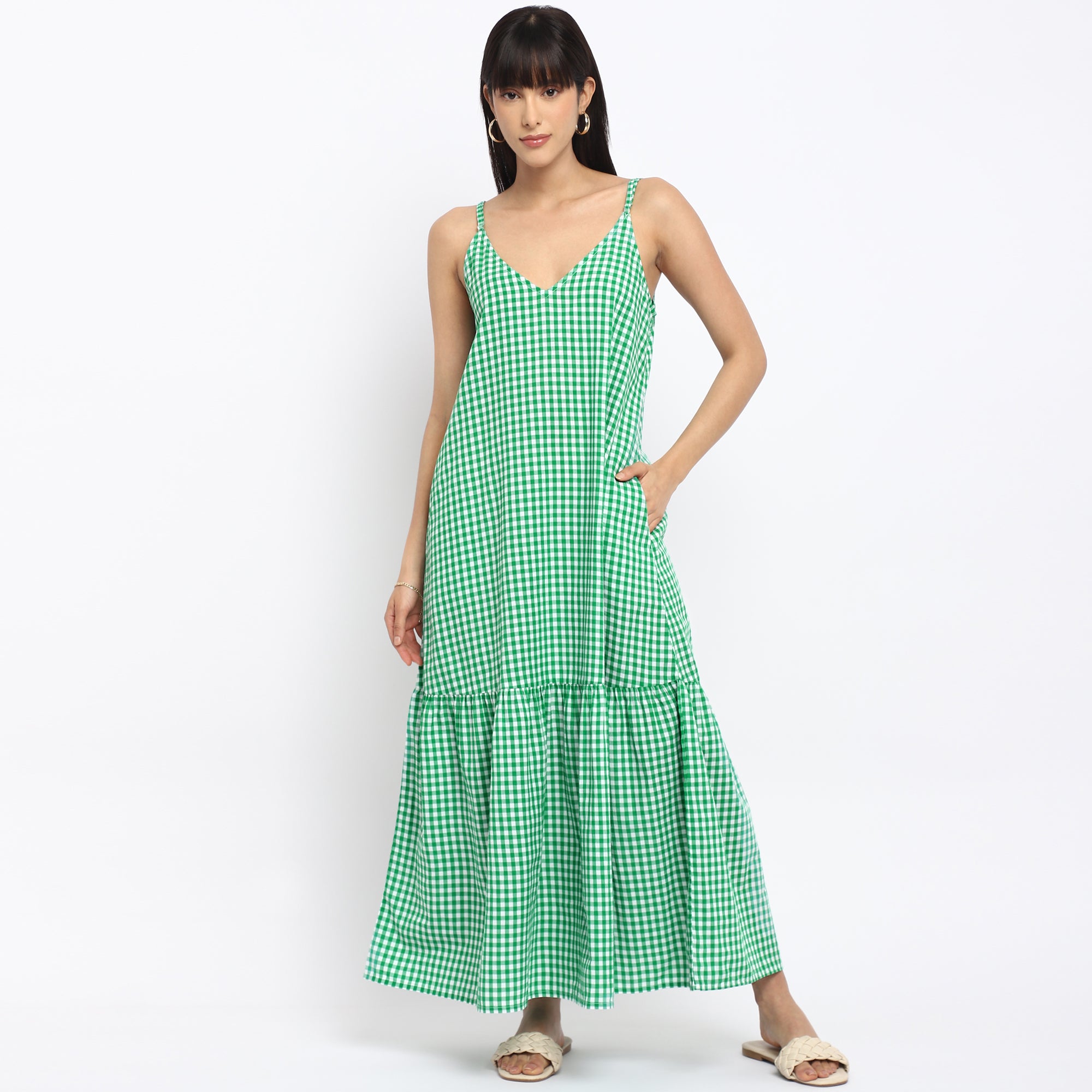 Green Gingham Tiered Maxi Dress